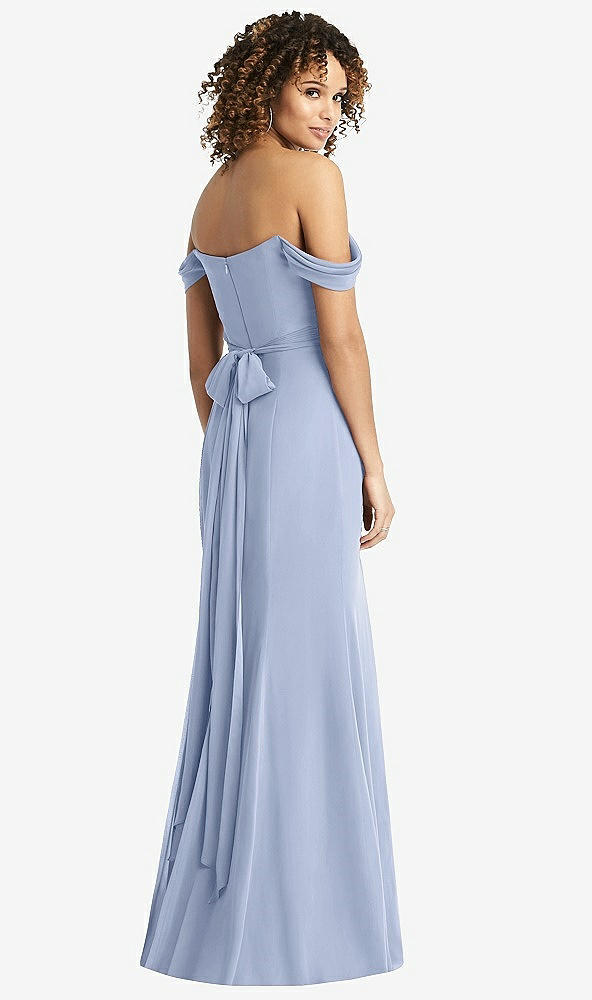 Back View - Sky Blue Off-the-Shoulder Criss Cross Bodice Trumpet Gown