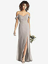 Front View Thumbnail - Taupe Off-the-Shoulder Criss Cross Bodice Trumpet Gown
