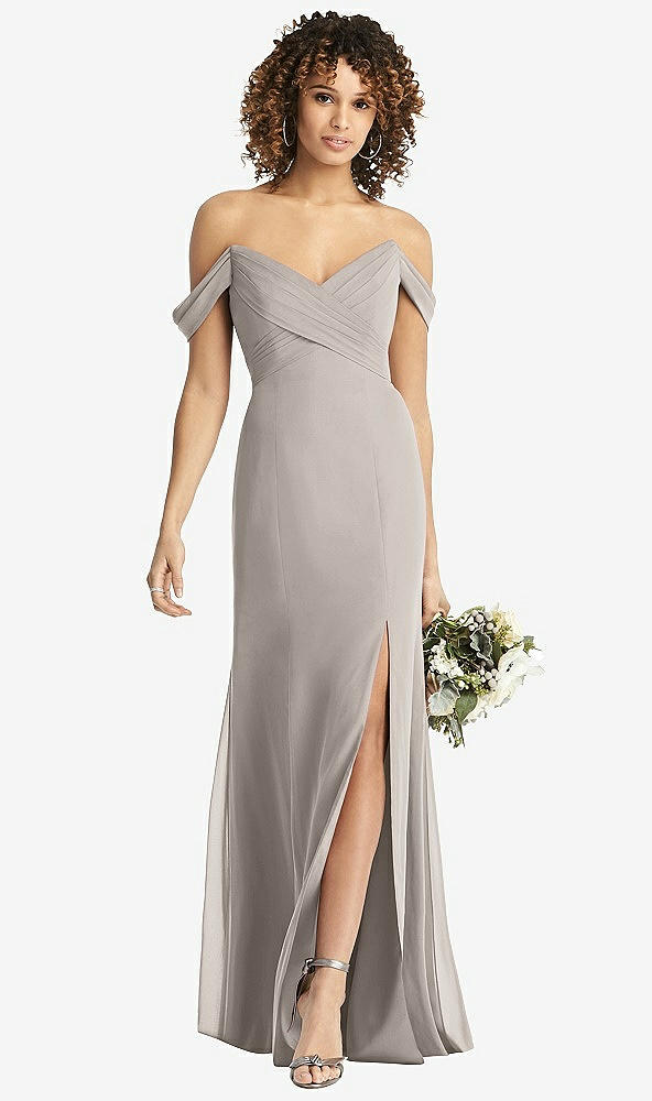 Front View - Taupe Off-the-Shoulder Criss Cross Bodice Trumpet Gown