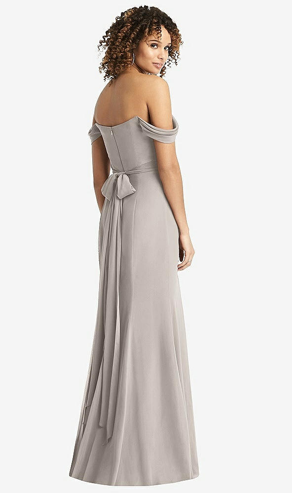 Back View - Taupe Off-the-Shoulder Criss Cross Bodice Trumpet Gown