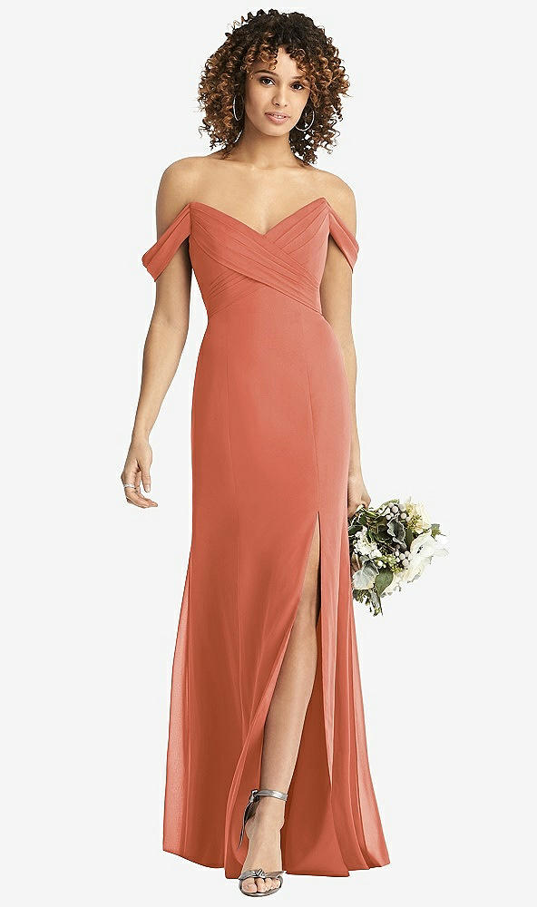Front View - Terracotta Copper Off-the-Shoulder Criss Cross Bodice Trumpet Gown