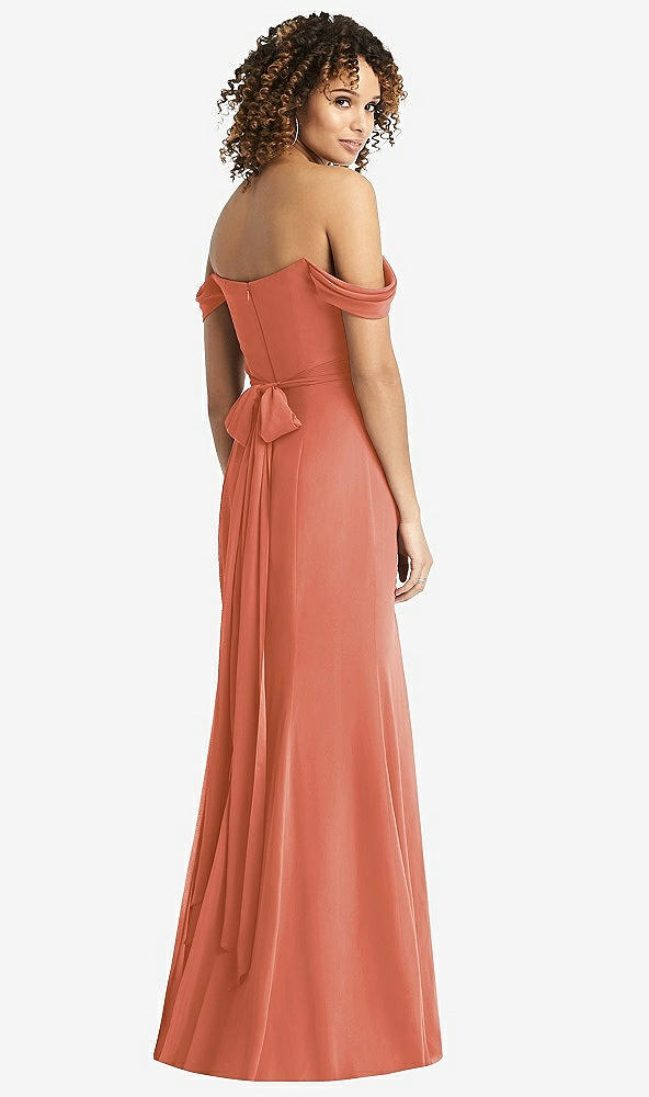 Back View - Terracotta Copper Off-the-Shoulder Criss Cross Bodice Trumpet Gown