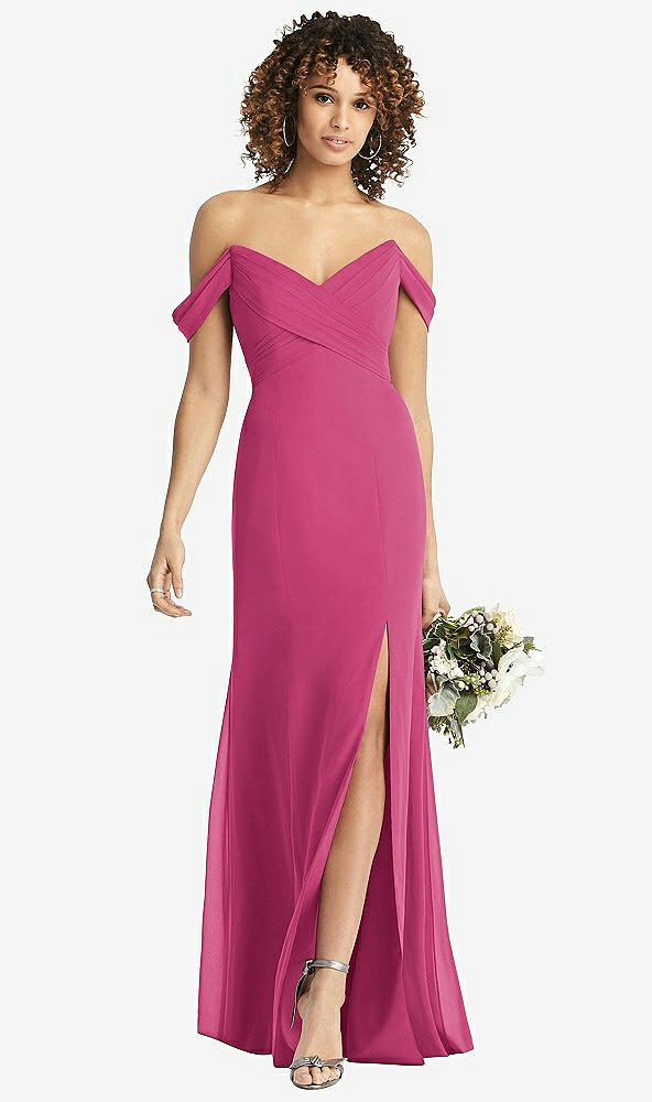 Front View - Tea Rose Off-the-Shoulder Criss Cross Bodice Trumpet Gown