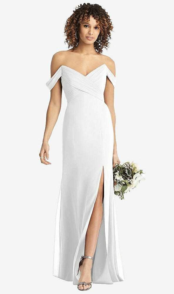 Front View - White Off-the-Shoulder Criss Cross Bodice Trumpet Gown