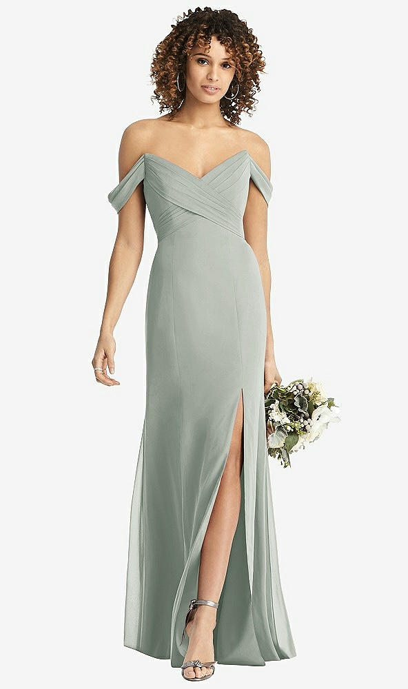 Front View - Willow Green Off-the-Shoulder Criss Cross Bodice Trumpet Gown