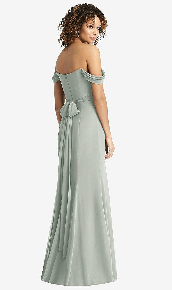 Back View - Willow Green Off-the-Shoulder Criss Cross Bodice Trumpet Gown