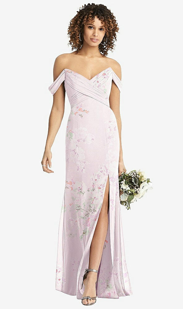 Front View - Watercolor Print Off-the-Shoulder Criss Cross Bodice Trumpet Gown
