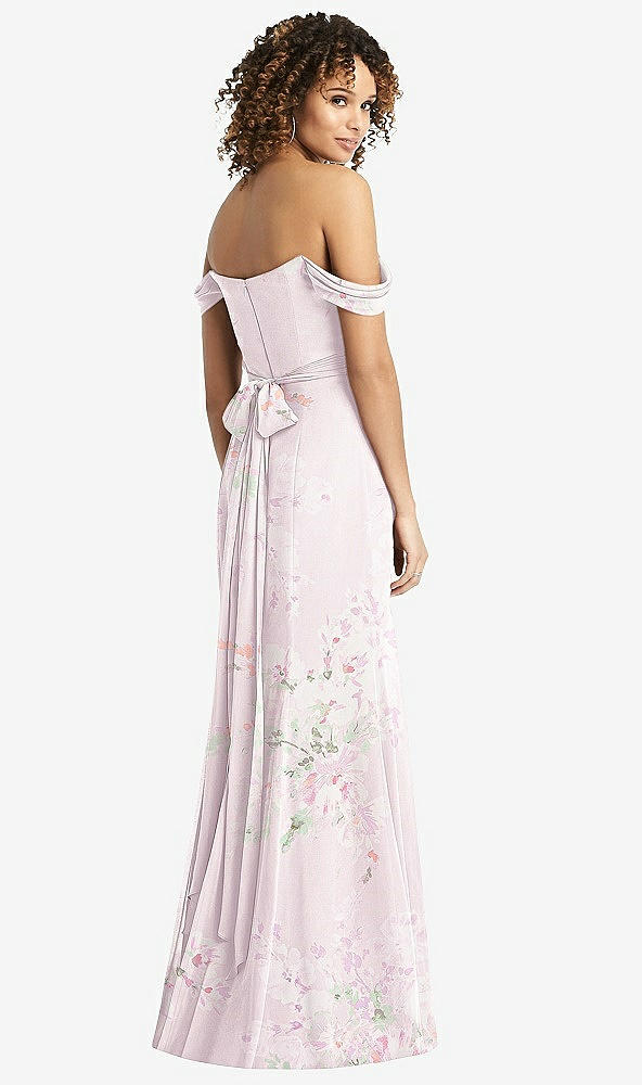 Back View - Watercolor Print Off-the-Shoulder Criss Cross Bodice Trumpet Gown