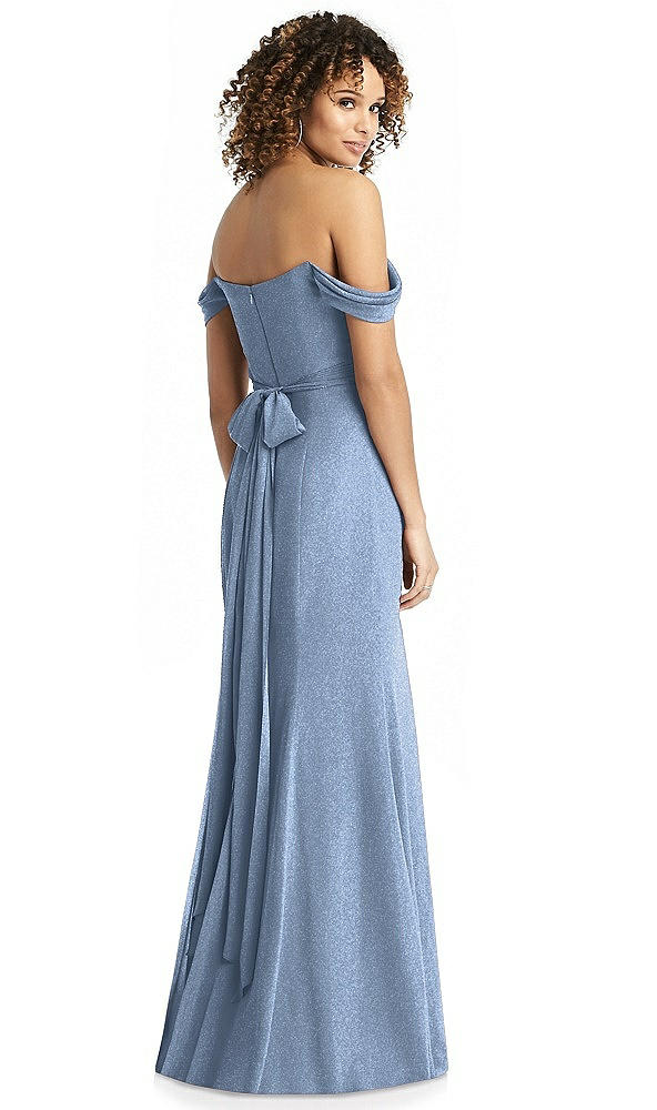Front View - Cloudy Silver Shimmer Off-the-Shoulder Gown with Sash