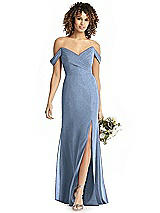 Rear View Thumbnail - Cloudy Silver Shimmer Off-the-Shoulder Gown with Sash