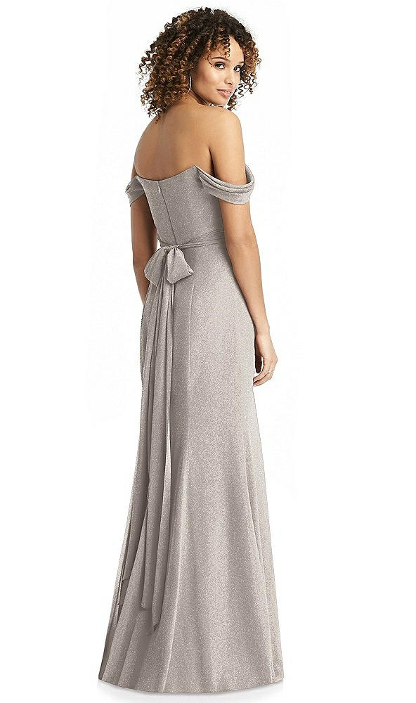 Front View - Taupe Silver Shimmer Off-the-Shoulder Gown with Sash