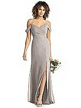 Rear View Thumbnail - Taupe Silver Shimmer Off-the-Shoulder Gown with Sash