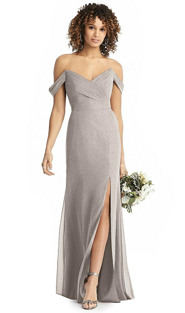 Back View - Taupe Silver Shimmer Off-the-Shoulder Gown with Sash