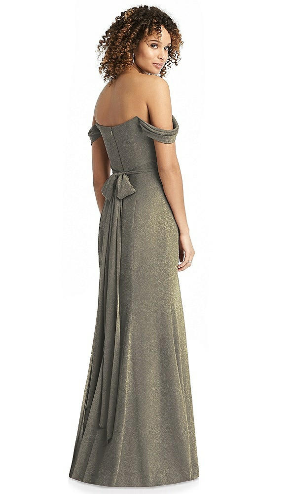 Front View - Mocha Gold Shimmer Off-the-Shoulder Gown with Sash