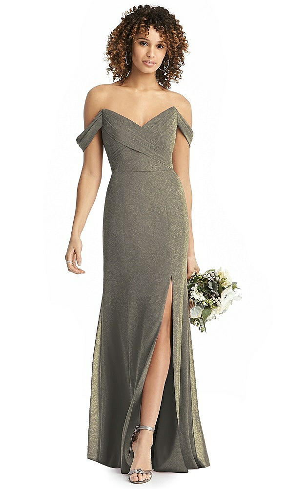 Back View - Mocha Gold Shimmer Off-the-Shoulder Gown with Sash