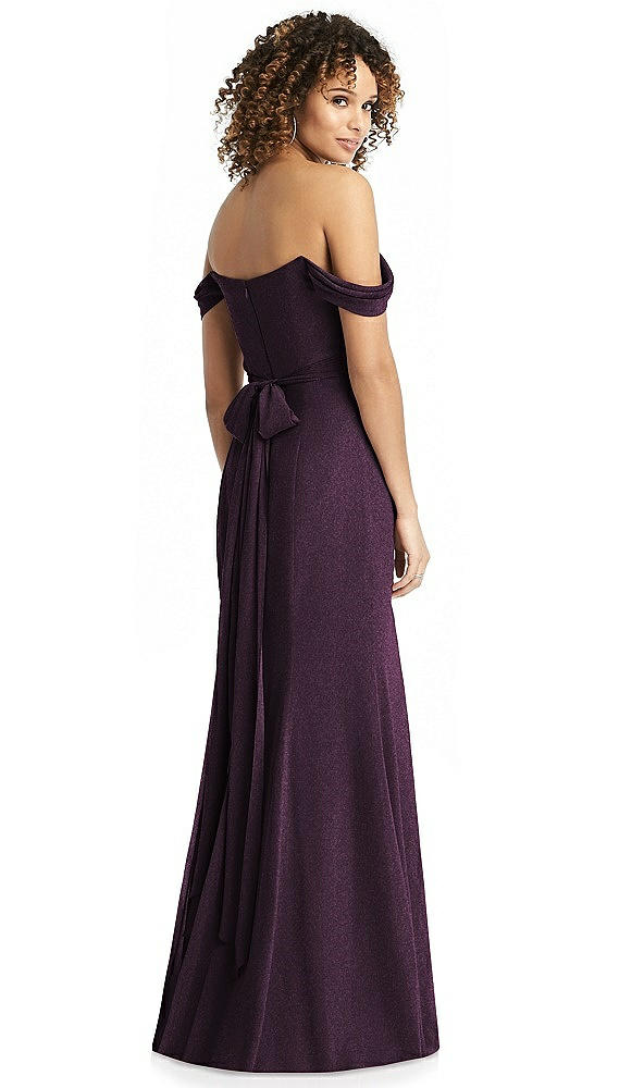 Front View - Aubergine Silver Shimmer Off-the-Shoulder Gown with Sash