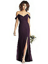 Rear View Thumbnail - Aubergine Silver Shimmer Off-the-Shoulder Gown with Sash
