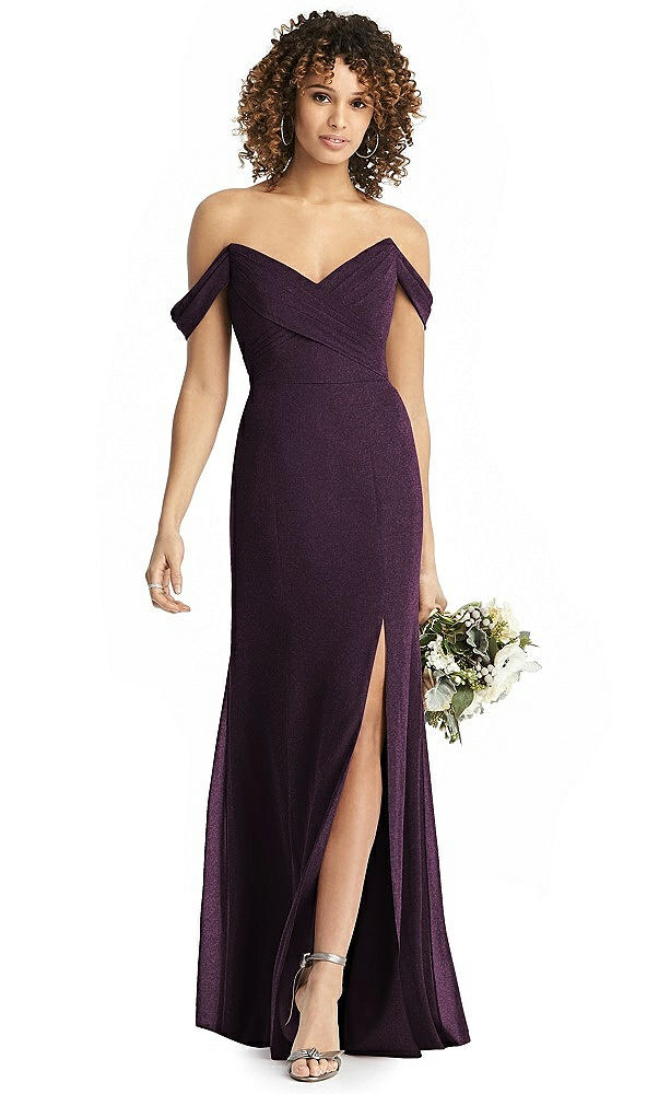 Back View - Aubergine Silver Shimmer Off-the-Shoulder Gown with Sash
