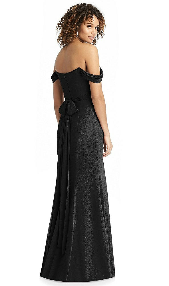 Front View - Black Silver Shimmer Off-the-Shoulder Gown with Sash
