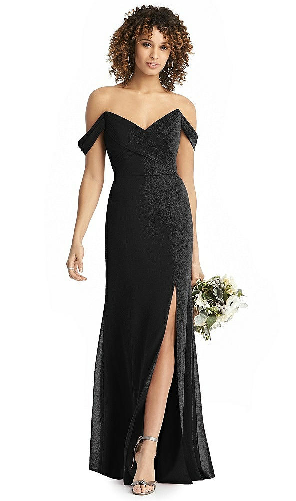 Back View - Black Silver Shimmer Off-the-Shoulder Gown with Sash