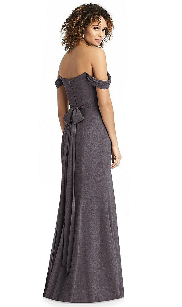 Front View - Stormy Silver Shimmer Off-the-Shoulder Gown with Sash
