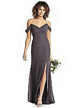 Rear View Thumbnail - Stormy Silver Shimmer Off-the-Shoulder Gown with Sash