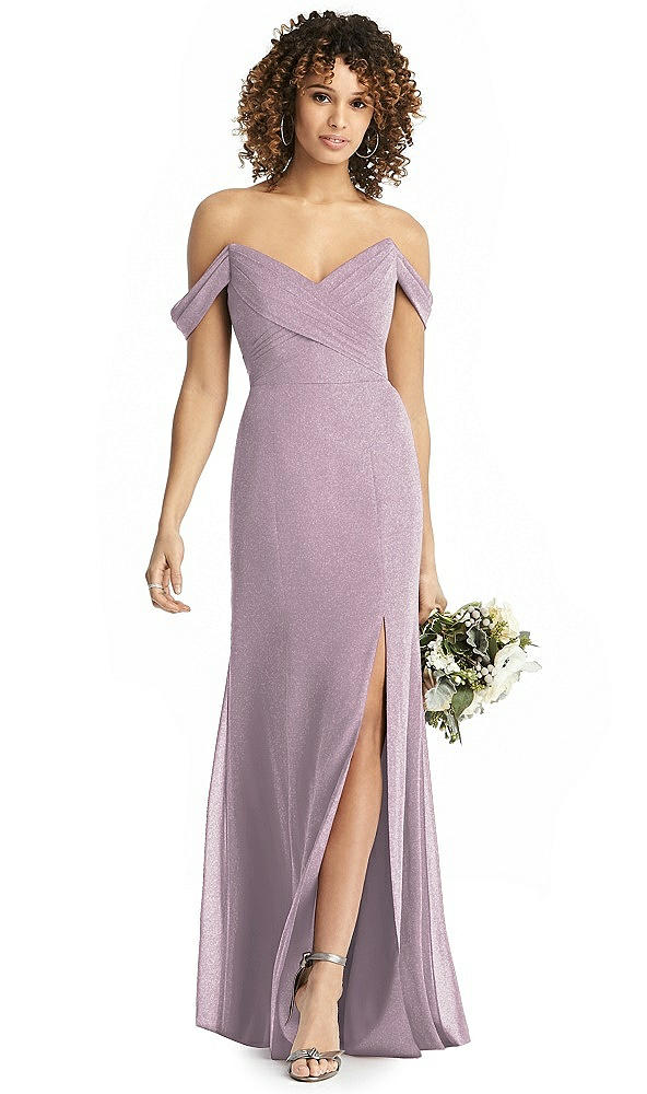 Back View - Suede Rose Silver Shimmer Off-the-Shoulder Gown with Sash