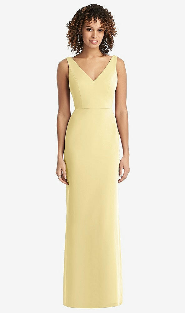 Back View - Pale Yellow Sleeveless Tie Back Chiffon Trumpet Gown