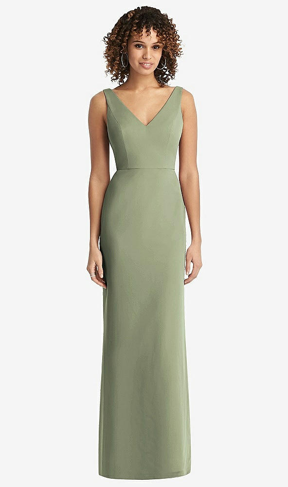 Back View - Sage Sleeveless Tie Back Chiffon Trumpet Gown