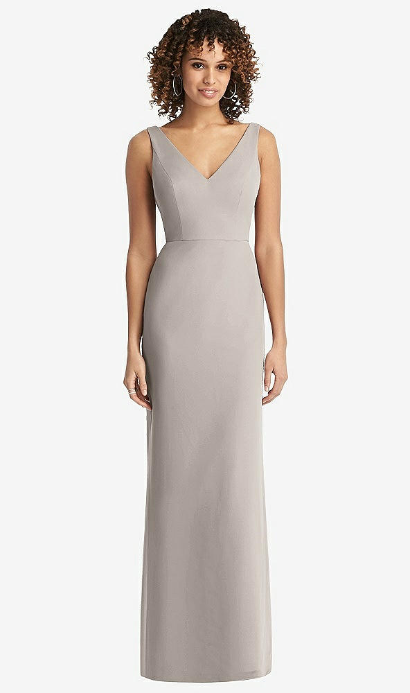 Back View - Taupe Sleeveless Tie Back Chiffon Trumpet Gown