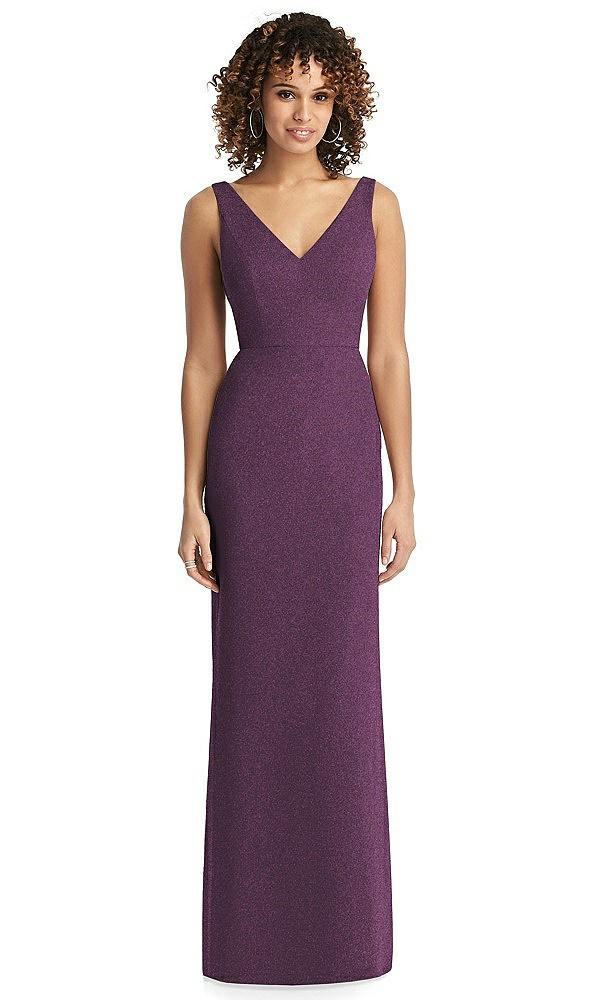 Front View - Aubergine Silver Shimmer V-Neck Trumpet Dress with Back Tie