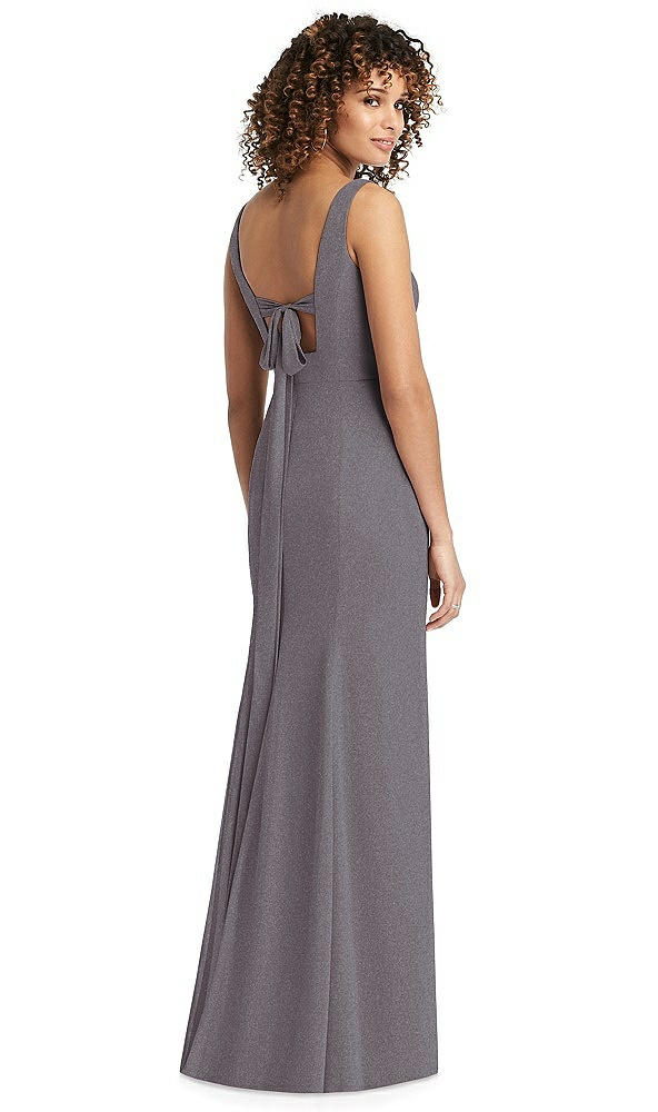 Back View - Stormy Silver Shimmer V-Neck Trumpet Dress with Back Tie