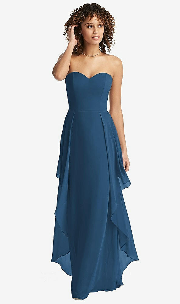 Front View - Dusk Blue Strapless Chiffon Dress with Skirt Overlay