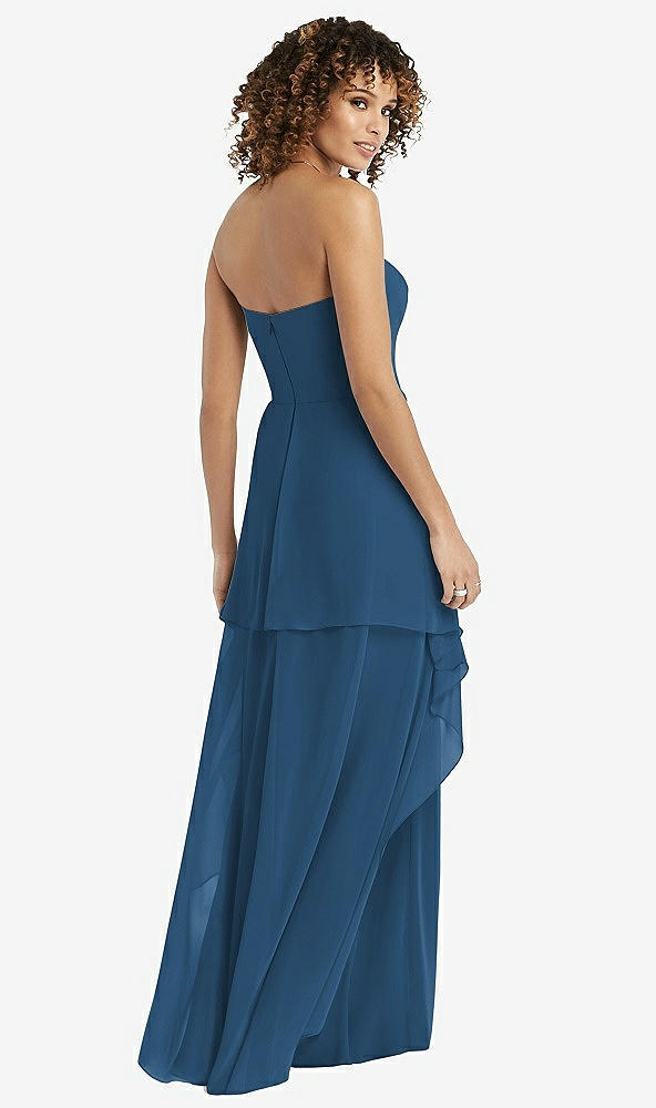 Back View - Dusk Blue Strapless Chiffon Dress with Skirt Overlay