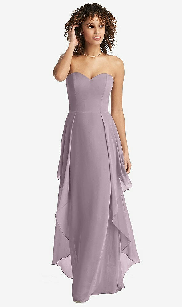 Front View - Lilac Dusk Strapless Chiffon Dress with Skirt Overlay