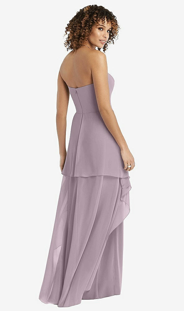 Back View - Lilac Dusk Strapless Chiffon Dress with Skirt Overlay