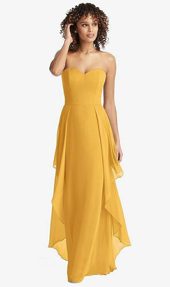 Front View - NYC Yellow Strapless Chiffon Dress with Skirt Overlay