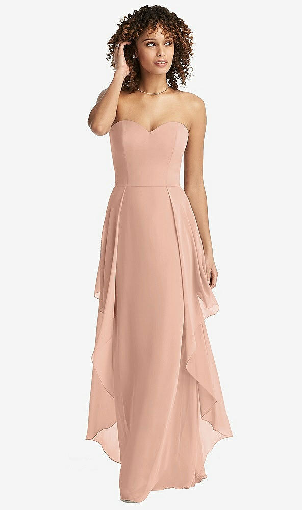 Front View - Pale Peach Strapless Chiffon Dress with Skirt Overlay