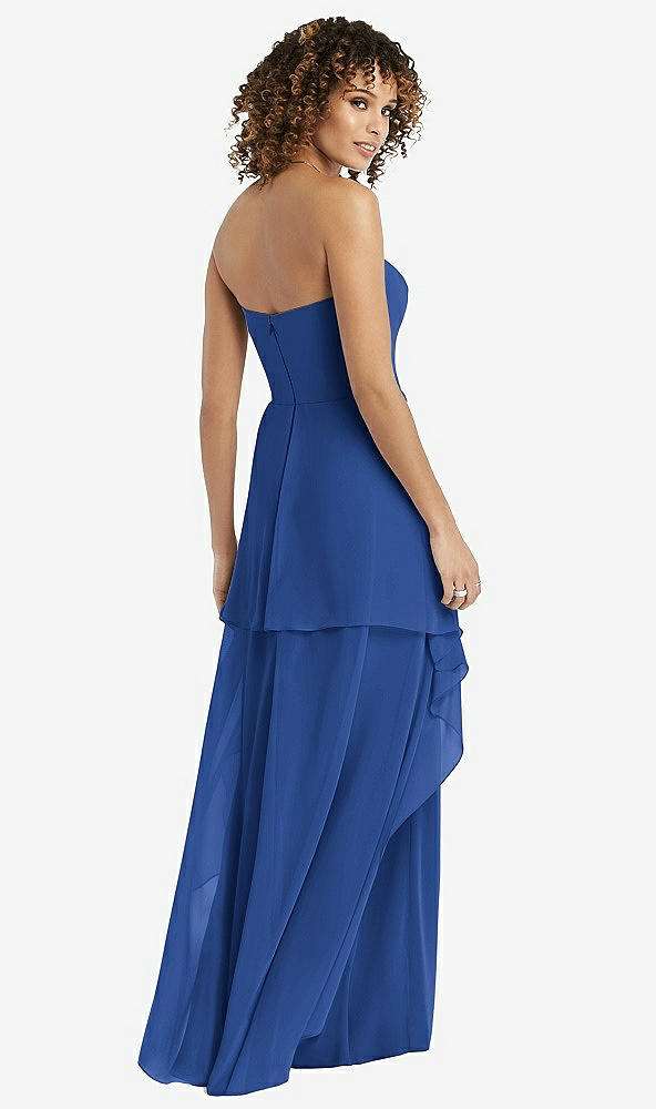 Back View - Classic Blue Strapless Chiffon Dress with Skirt Overlay
