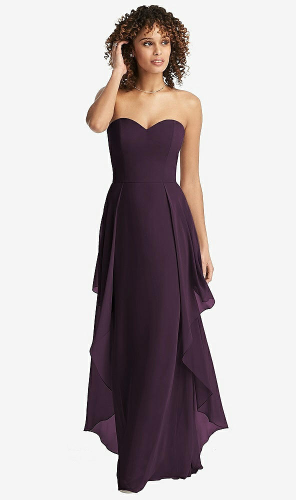 Front View - Aubergine Strapless Chiffon Dress with Skirt Overlay