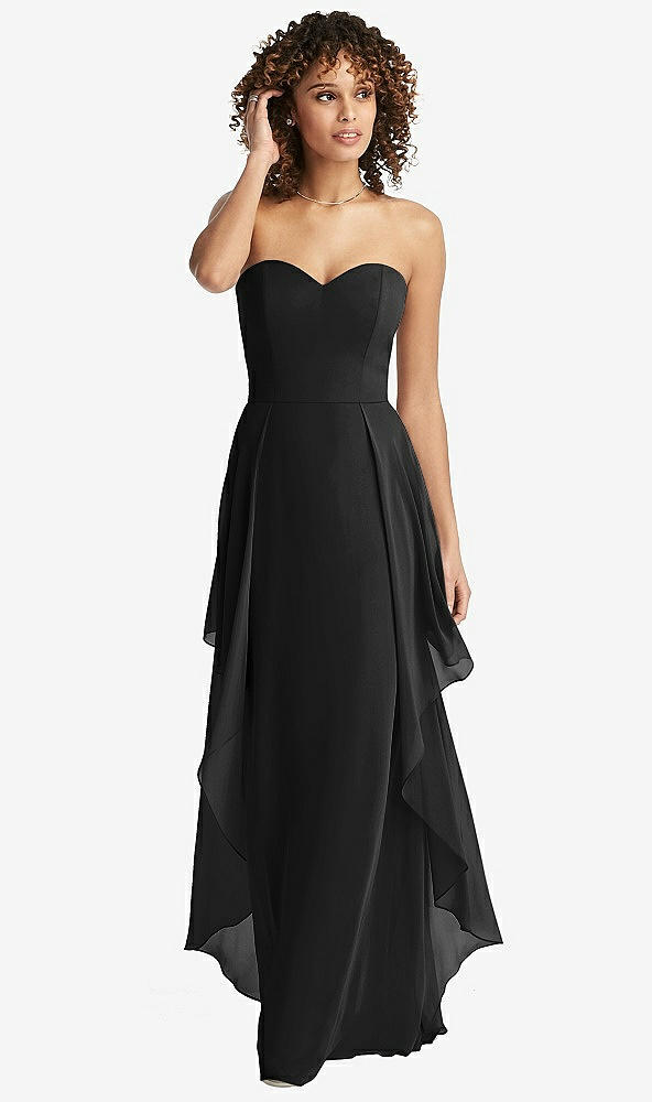 Front View - Black Strapless Chiffon Dress with Skirt Overlay