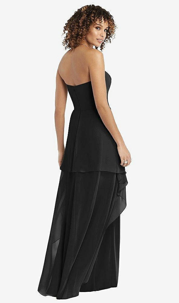 Back View - Black Strapless Chiffon Dress with Skirt Overlay