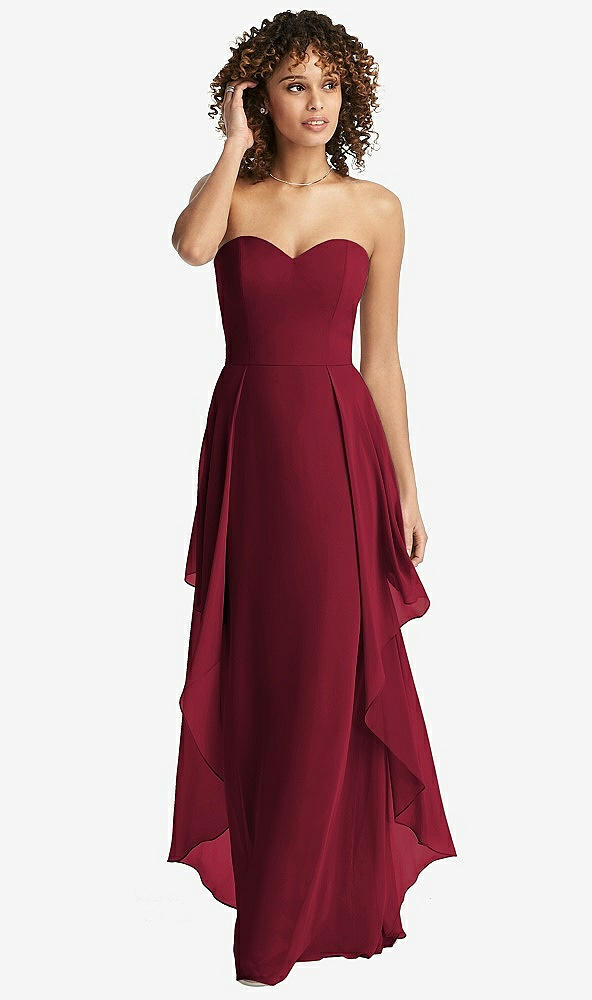 Front View - Burgundy Strapless Chiffon Dress with Skirt Overlay