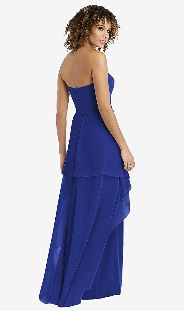 Back View - Cobalt Blue Strapless Chiffon Dress with Skirt Overlay