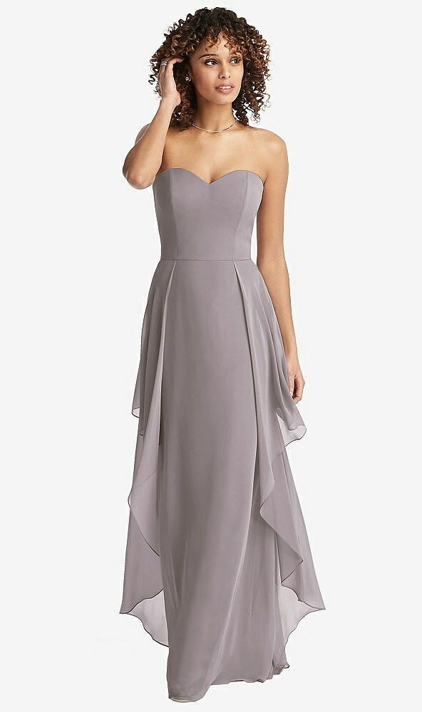 Front View - Cashmere Gray Strapless Chiffon Dress with Skirt Overlay