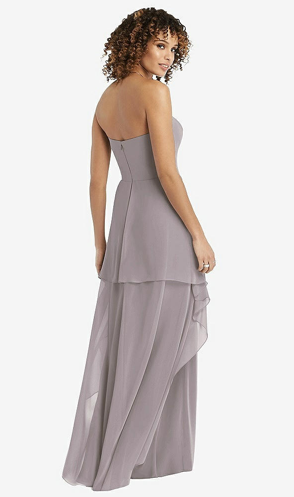Back View - Cashmere Gray Strapless Chiffon Dress with Skirt Overlay