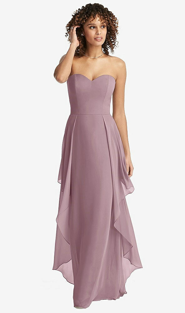 Front View - Dusty Rose Strapless Chiffon Dress with Skirt Overlay