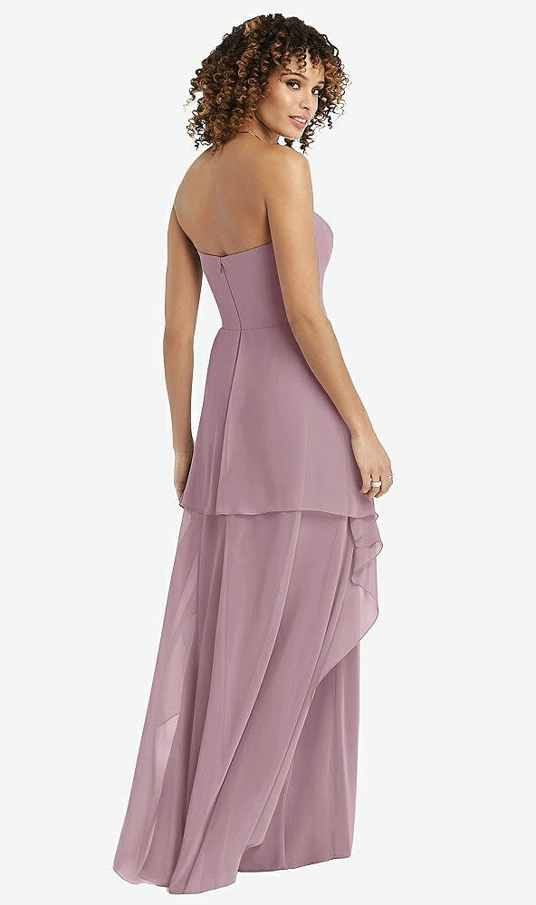 Back View - Dusty Rose Strapless Chiffon Dress with Skirt Overlay