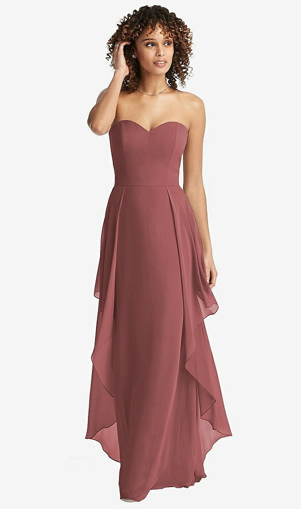 Front View - English Rose Strapless Chiffon Dress with Skirt Overlay