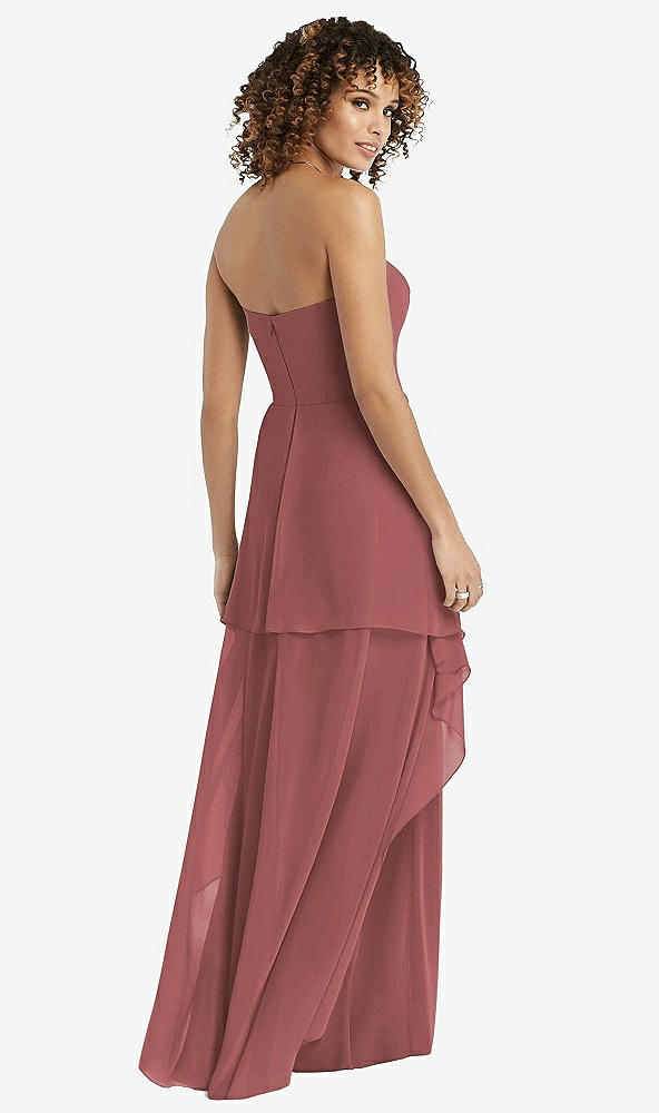 Back View - English Rose Strapless Chiffon Dress with Skirt Overlay